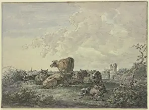 Reclining Prints: Sleeping shepherd and herd of cattle in a landscape