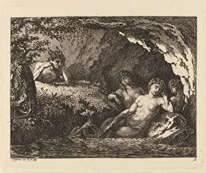 Voyeur Prints: Three Sleeping Sprites with a Satyr, 1769. Creator: Salomon Gessner