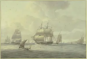 Marine Prints: Slightly choppy sea, among many ships a three-masted ship with full sails to the left