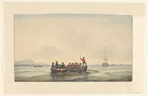 Sloop Prints: Sloop transports officers to a ship, 1829-1879. Creator: Ary Pleijsier