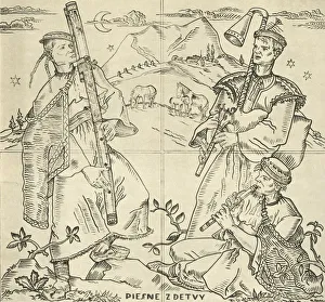 Buchner Prints: Slovak fuyara, bagpipes and pipe. Sketch for sgraffito work on the bridge in Piest any