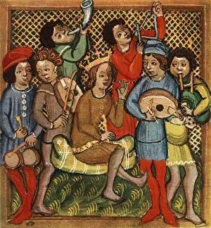 Bagpipes Prints: Small drums, fiddle, horn, triangle lute and bagpipes; Olomouc Bible, 1417, 1948