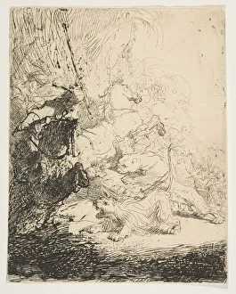 Lion Hunting Prints: The small lion hunt, with two lions, ca. 1632. Creator: Rembrandt Harmensz van Rijn