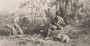 Herdswoman Prints: Small Pig Herd, 1864. Creator: Charles Emile Jacque