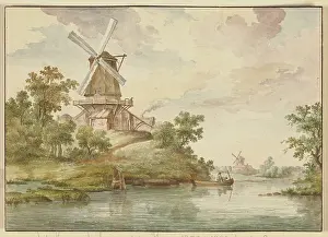 Small river with two windmills on its banks, 18th century. Creator: Jean George Teissier