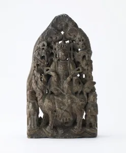 Forgery Prints: Small soapstone tablet, with pierced relief of Manjusri on lion, Period of Division