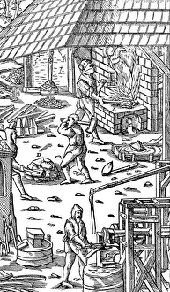 Smelting Prints: Smelting iron and hammering bars with a mechanical hammer, 1556
