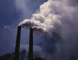 Industrial Facility Prints: Smoke stacks, 1942. Creator: Alfred T Palmer