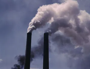 Palmer Alfred T Prints: Smoke stacks, 1942. Creator: Alfred T Palmer