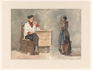 Buckets Prints: Smoking sailor, woman with yoke and milk buckets, 1879. Creator: Hendrik Valkenburg