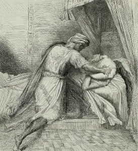 Théodore Chassériau Prints: He Smothers Her, plate thirteen from Othello, 1844. Creator: Theodore Chasseriau