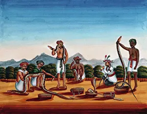 Lunghi Prints: Six snake charmers displaying their snakes, (between 1800 and 1899?). Creator: Unknown