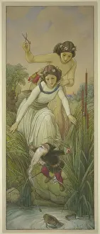 Snow White and Rose Red find the dwarf whose beard is tangled in the fishing line, 1866. Creator: Eduard von Steinle