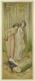 Snow White and Rose Red find the dwarf in the forest whose beard is caught in a tree trunk, 1866. Creator: Eduard von Steinle