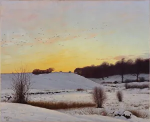 Snowy Prints: Snowy landscape with a hill - sunset, 1895. Creator: Adolf Alfred Larsen