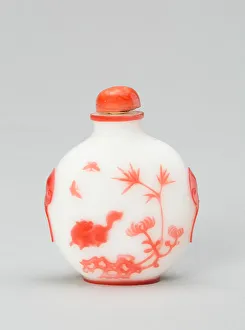Snuff Bottle with a Cat and Two Butterflies near Bamboo, Rockwork, and Chrysanthemum...1800-1900. Creator: Unknown
