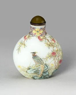 Qianlong Period Gallery: Snuff Bottle with Golden Pheasant, Swallows, Tree Peony, Apricot