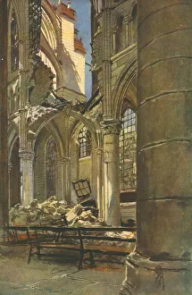 Shelling Prints: Soissons; Interieur de la Cathedrale de Soissons, 1915. Creator: Francois Flameng