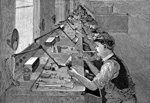 Soldering bicycle parts in an American factory, c1900