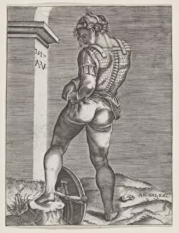 Agostino Veneziano Gallery: Soldier Attaching His Breeches to His Breast plate, dated 1517. dated 1517. Creator: Anon