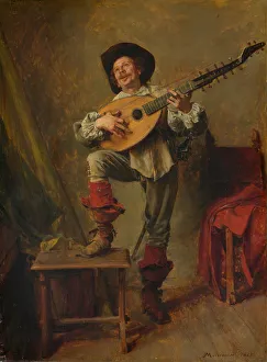 Lute Prints: Soldier Playing the Theorbo, 1865. Creator: Jean Louis Ernest Meissonier