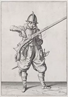 A soldier pouring powder into the pan, from the Marksmen series, plate 16, in Wa..., published 1608