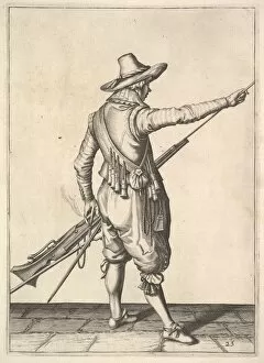Ammunition Collection: A soldier pulling out the ramrod from its holder, from the Musketeers series, plate 25