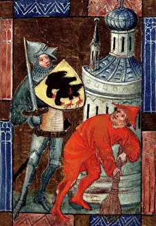 Sweeping Prints: Soldier with sword, and man with broom, c1405. Creator: Unknown