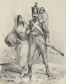 Victor Collection: Soldier with a woman on his arm and a child on his back, mid-19th century