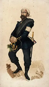 Bandage Prints: A soldier with wounded head who has inserted medicinal plants in his helmet