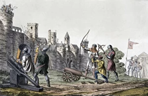 Crossbow Gallery: Soldiers and artillery of the 15th century besieging a walled town, 19th century