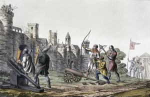 Crossbow Prints: Soldiers and artillery of the 15th century besieging a walled town, 19th century