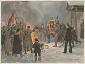 Petrograd Prints: Soldiers burning paintings (from the series of watercolors Russian revolution), 1917