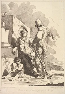 Mortimer Prints: Two Soldiers and Child Holding a Helmet, July 19, 1779. Creator: Robert Blyth