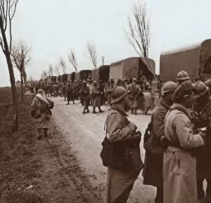 Verdun Gallery: Soldiers and column of trucks on the Voie Sacree, Verdun, northern France, c1914-c1918