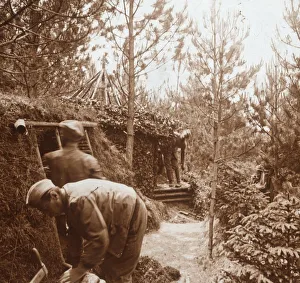 Genicourt Prints: Soldiers in earth-covered shelters, Genicourt, northern France, c1914-c1918