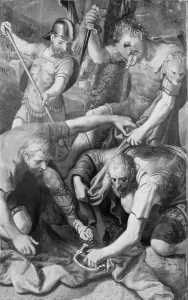 Marten De Vos The Elder Prints: The Soldiers Fighting over Christ's Cloak, 1547-1603. Creator: Martin de Vos