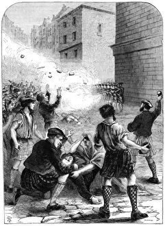 Images Dated 28th March 2008: Soldiers firing on rioters during the insurrection at Glasgow, 1706 (19th century)
