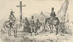 Adam Victor Gallery: Soldiers gathered in front of a church with priests and a crucifix, mid-19th century