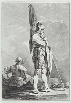 Back View Collection: Two Soldiers, One Standing Holding a Flag, One Seated Seen from Behind, 1764
