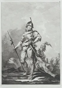Philip Jacques De Loutherbourg Prints: Two Soldiers, One Standing Holding a Lance, One Seated, 1764. Creator: Matthias Pfenninger