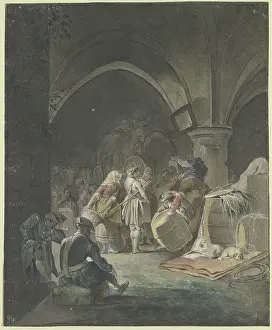 Merchant Prints: Soldiers and sutlers in a vaulted room with barrels and crates