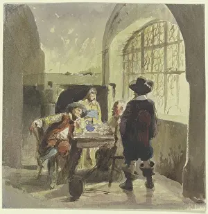 Chamber Prints: Three soldiers from the time of the Thirty Years War in a chamber, with a woman present