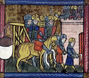Pickaxe Prints: Soldiers with a trebuchet, mid-14th century. Creator: Unknown