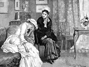 Sophy, huddled upon the sofa, ...her...hands hiding her pretty face, answered only by her sobs, 1883. Creator: R. Taylor