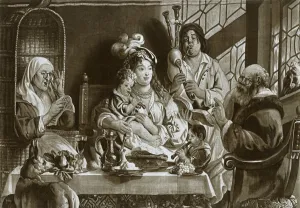 Jordaens Prints: Soprano recorders and bagpipes; Brussels gobelin designed by Jacobus Jordaens, 1948