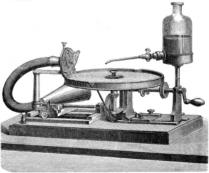 Gadget Prints: Sound Recording Disc Electricity Motor Battery Liquid, c1880