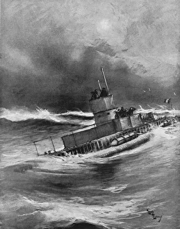Submarine Prints: Un sous-marin en croisiere par gros temps, 1916. Creator: Henri Rudaux