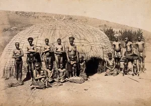 Traditional Culture Prints: South Africa: Africans in front of a traditional kraal hut