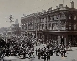 Gold Rush Prints: South Africa: a crowd of people gathered outside The Goldfields offices in Johannesburg